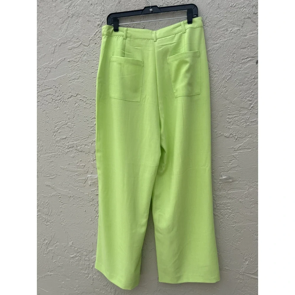 WeWoreWhat Lime Green Wide Leg Pleated Trousers High Waist Neon Pants Size 12